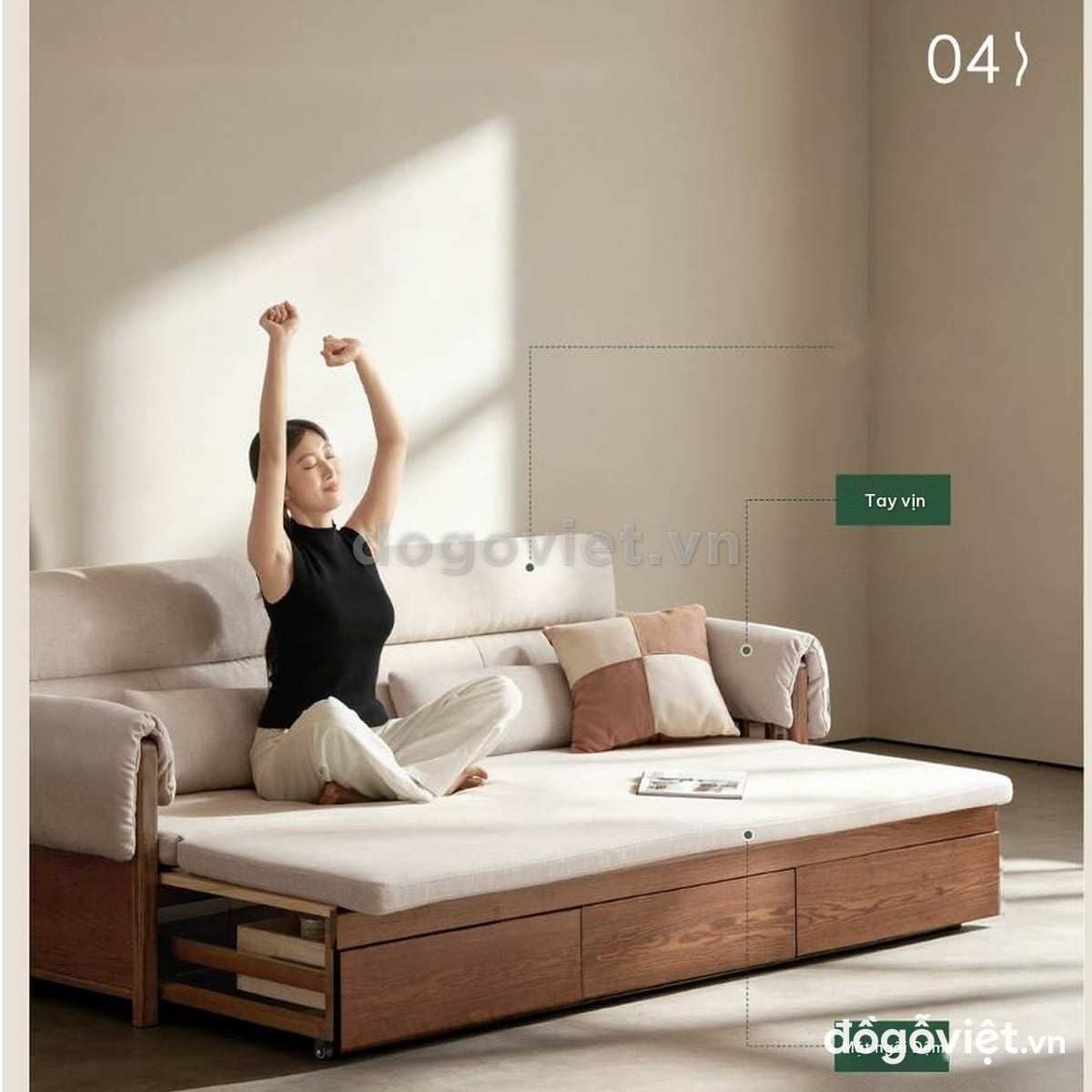 Ghế giường k&eacute;o gỗ tự nhi&ecirc;n c&oacute; ngăn k&eacute;o chứa đồ dưới ghế - ảnh 6