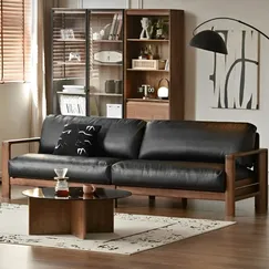 Ghế Sofa Băng Dài Gỗ Tự Nhiên Sơn Màu Óc Chó Tinh Tế Nệm Da Sang Trọng