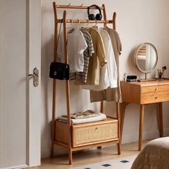 Giá Móc Treo Quần Áo Kèm Tủ Nhỏ Để Đồ Gỗ Sồi Cánh Mây Đan 