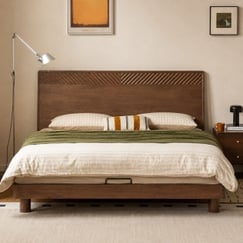 Giường Gỗ Óc Chó Hiện Đại Kiểu Chân Cao Đầu Ốp Rãnh Trang Trí 