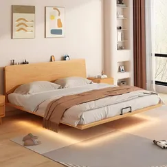 Giường Ngủ Không Chân Gỗ Sồi Có Led Gầm Giường Hiện Đại 