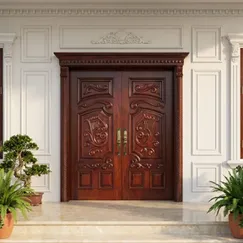 Mẫu Cửa Gỗ 2 Cánh Biệt Thự Sang Trọng Chất Liệu Gỗ Gõ Đỏ Cao Cấp 