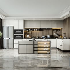 Mẫu Phòng Bếp Đẹp Gỗ Công Nghiệp Chữ L Kèm Bàn Đảo Tiện Nghi