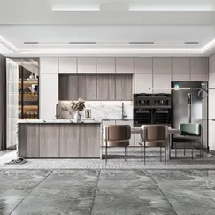 Mẫu Thiết Kế Tủ Bếp Chữ I Gỗ Công Nghiệp Kèm Bàn Đảo Sang Trọng 