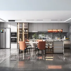 Mẫu Tủ Bếp Đẹp Hình Chữ I Gỗ MDF Phối Cánh Kính Màu Xám 