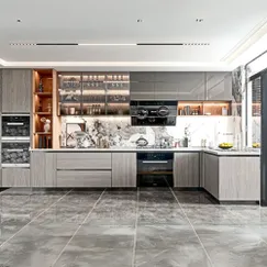 Mẫu Tủ Bếp Đẹp Hình Chữ L Hiện Đại Gỗ Công Nghiệp Phối Cánh Kính