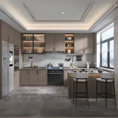 Mẫu Tủ Bếp Hiện Đại Gỗ Công Nghiệp Phối Cánh Kính Cường Lực Đẹp