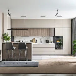 Mẫu Tủ Bếp Quầy Bar Gỗ Công Nghiệp Màu Trắng Phối Xám Vẫn Gỗ Mẫu Tủ Bếp Quầy Bar Gỗ Công Nghiệp Màu Trắng Phối Xám Vẫn Gỗ