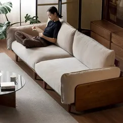 Sofa Băng Dài Gỗ Tự Nhiên Sơn Màu Óc Chó Với Tựa Lưng Đệm Vải Cao Cấp