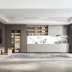 Thiết Kế Tủ Bếp Hiện Đại Hình Chữ I Màu Nâu Vân Gỗ Phối Trắng