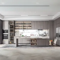 Tủ Bếp Công Nghiệp Có Bàn Đảo Màu Xám Vân Gỗ Phối Cánh Kính Đẹp