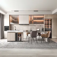 Tủ Bếp Gỗ Công Nghiệp Cánh Kính Chữ I Có Đảo Bếp Đẹp Hiện Đại