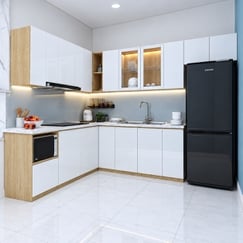 Tủ Bếp Tối Giản Chữ L Nhựa Đặc PVC Phủ Melamine Hiện Đại