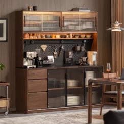 Tủ Chén Gỗ Sồi Sơn Màu Óc Chó Phối Cánh Kính Khung Nhôm
