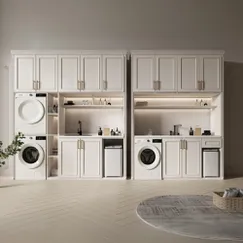Tủ Gỗ Đựng Đồ Và Máy Giặt Cánh Pano Màu Trắng Kem Sang Trọng
