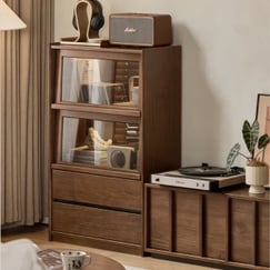 Tủ Trang Trí Phòng Khách Bằng Gỗ Tự Nhiên Cửa Kính Lật Nhỏ Gọn