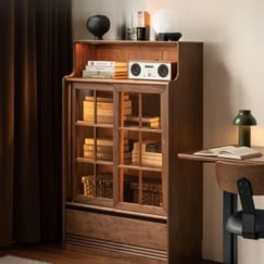 Tủ Trang Trí Phòng Khách, Tủ Sách Gỗ Sồi Cánh Kính Lùa Hiện Đại