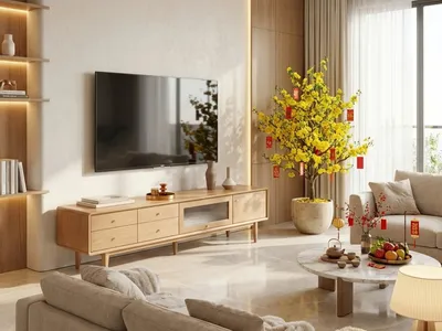 5+ cách trang trí kệ tivi ngày Tết chuẩn thẩm mỹ nội thất phòng khách 