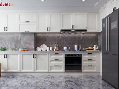 Tủ bếp gỗ màu trắng thời thượng: chi tiết thiết kế & lý do nên chọn 
