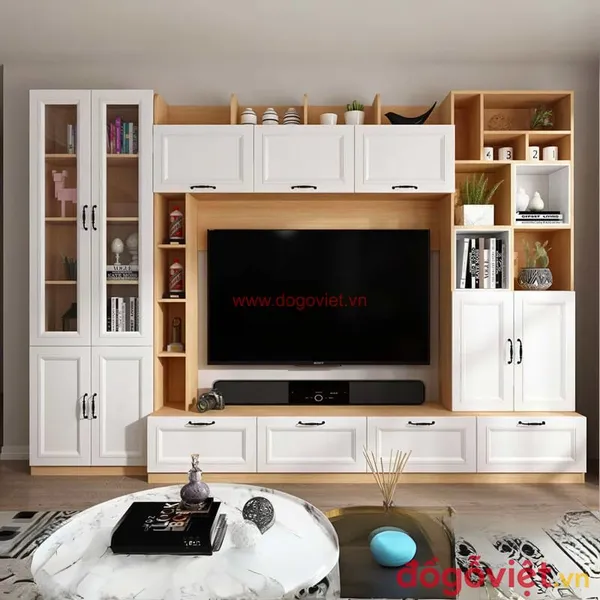 Kệ Tủ Tivi Phòng Khách Gỗ Công Nghiệp Màu Vàng Phối Trắng Hiện Đại