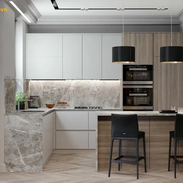 Mẫu Nhà Bếp Hiện Đại Gỗ Công Nghiệp Hình Chữ G Đẹp Tối Ưu