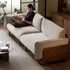 Sofa Băng Dài Gỗ Tự Nhiên Sơn Màu Óc Chó Với Tựa Lưng Đệm Vải Cao Cấp