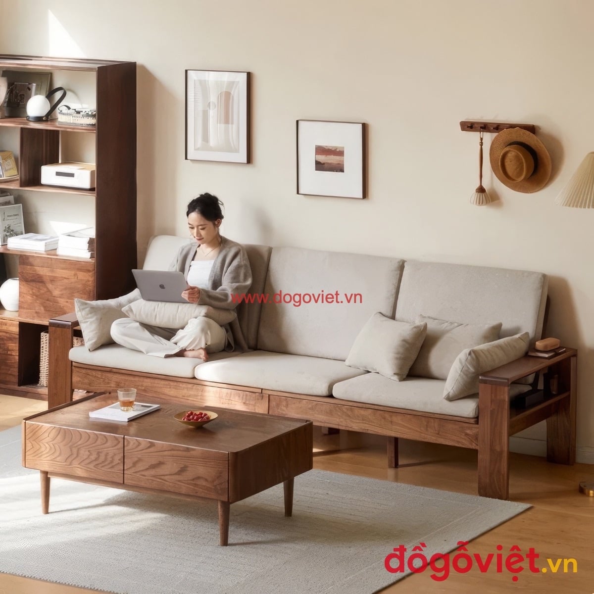 Bộ b&agrave;n ghế sofa gỗ &oacute;c ch&oacute; hiện đại k&egrave;m b&agrave;n tr&agrave; cho ph&ograve;ng kh&aacute;ch rộng