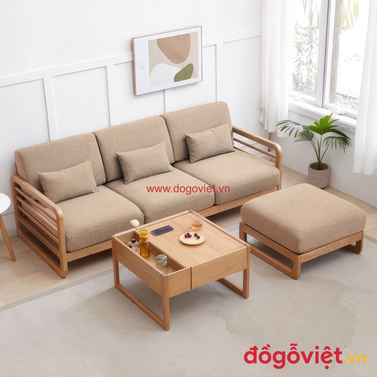 Bộ b&agrave;n ghế sofa gỗ sồi k&egrave;m đ&ocirc;n v&agrave; b&agrave;n tr&agrave; đa năng cho ph&ograve;ng kh&aacute;ch nhỏ