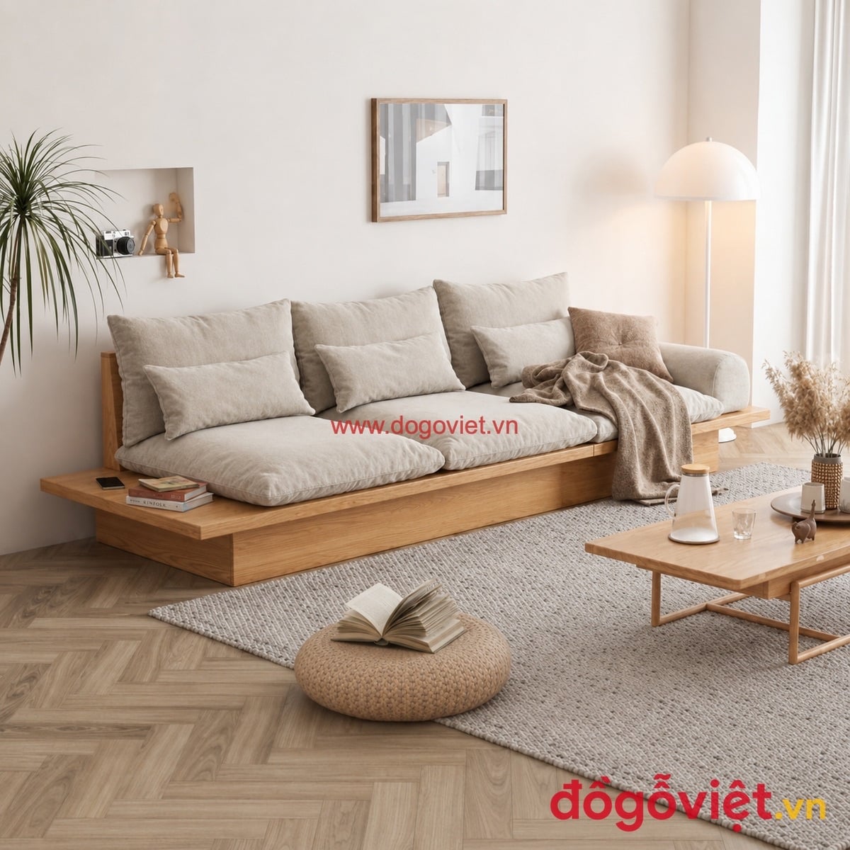Sofa gỗ d&aacute;ng thấp thiết kế tối giản bọc nệm nỉ d&agrave;y &ecirc;m &aacute;i