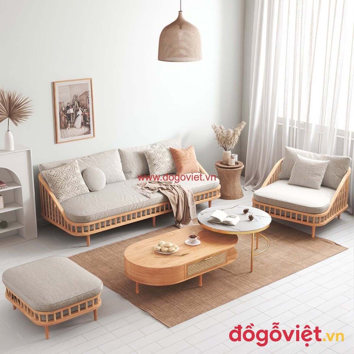 Bộ b&agrave;n ghế sofa gỗ song tiện gồm sofa băng, ghế đơn, đ&ocirc;n v&agrave; b&agrave;n tr&agrave;