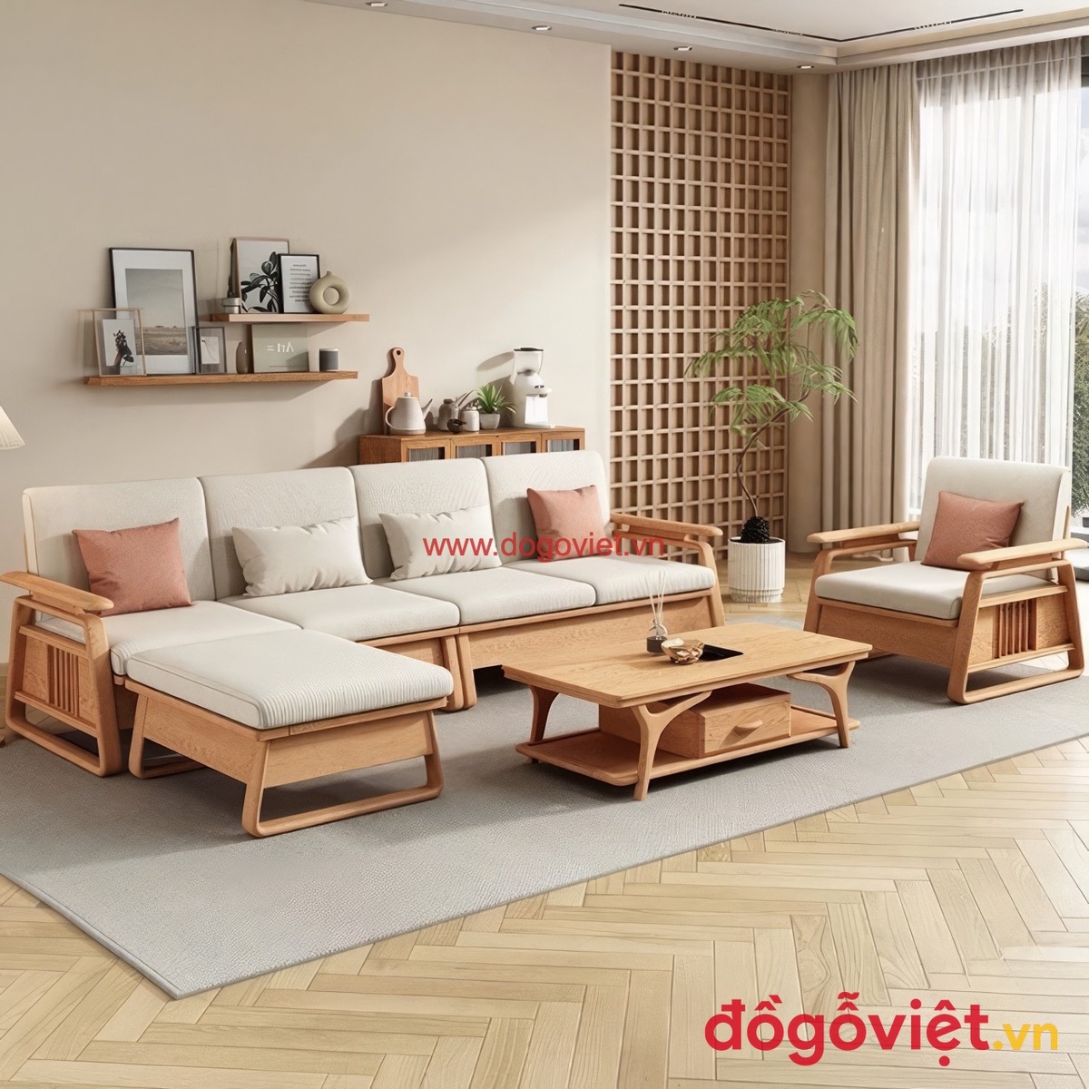 Bộ b&agrave;n ghế sofa gỗ tự nhi&ecirc;n nhiều khối k&egrave;m ghế đơn cho ph&ograve;ng kh&aacute;ch rộng
