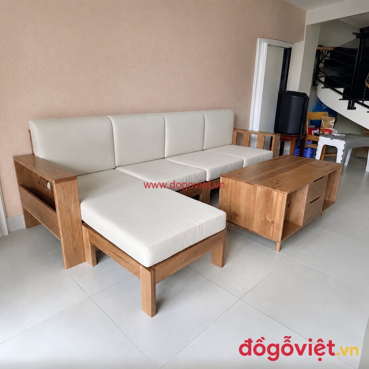 Bộ b&agrave;n ghế sofa g&oacute;c gỗ sồi Nga tự nhi&ecirc;n k&egrave;m nệm bọc nỉ hiện đại