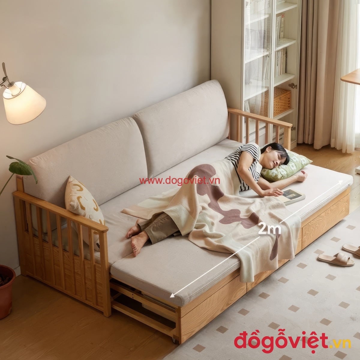 Sofa giường gỗ tự nhi&ecirc;n k&eacute;o ra th&agrave;nh giường nằm rộng 2m