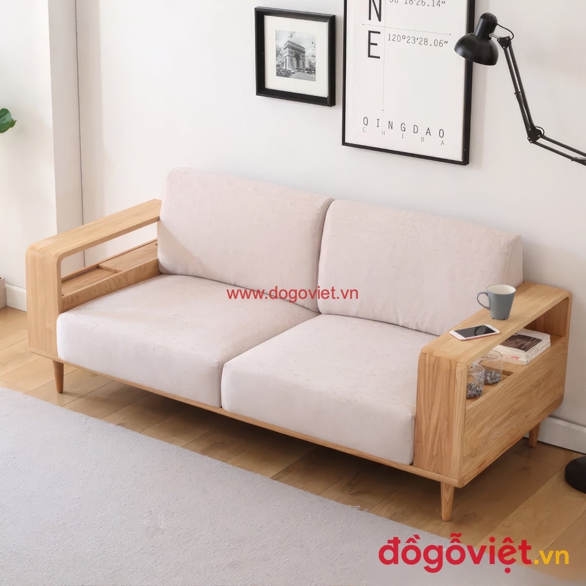 Sofa băng nhỏ gỗ sồi tự nhi&ecirc;n c&oacute; kệ tay ghế tiện lợi
