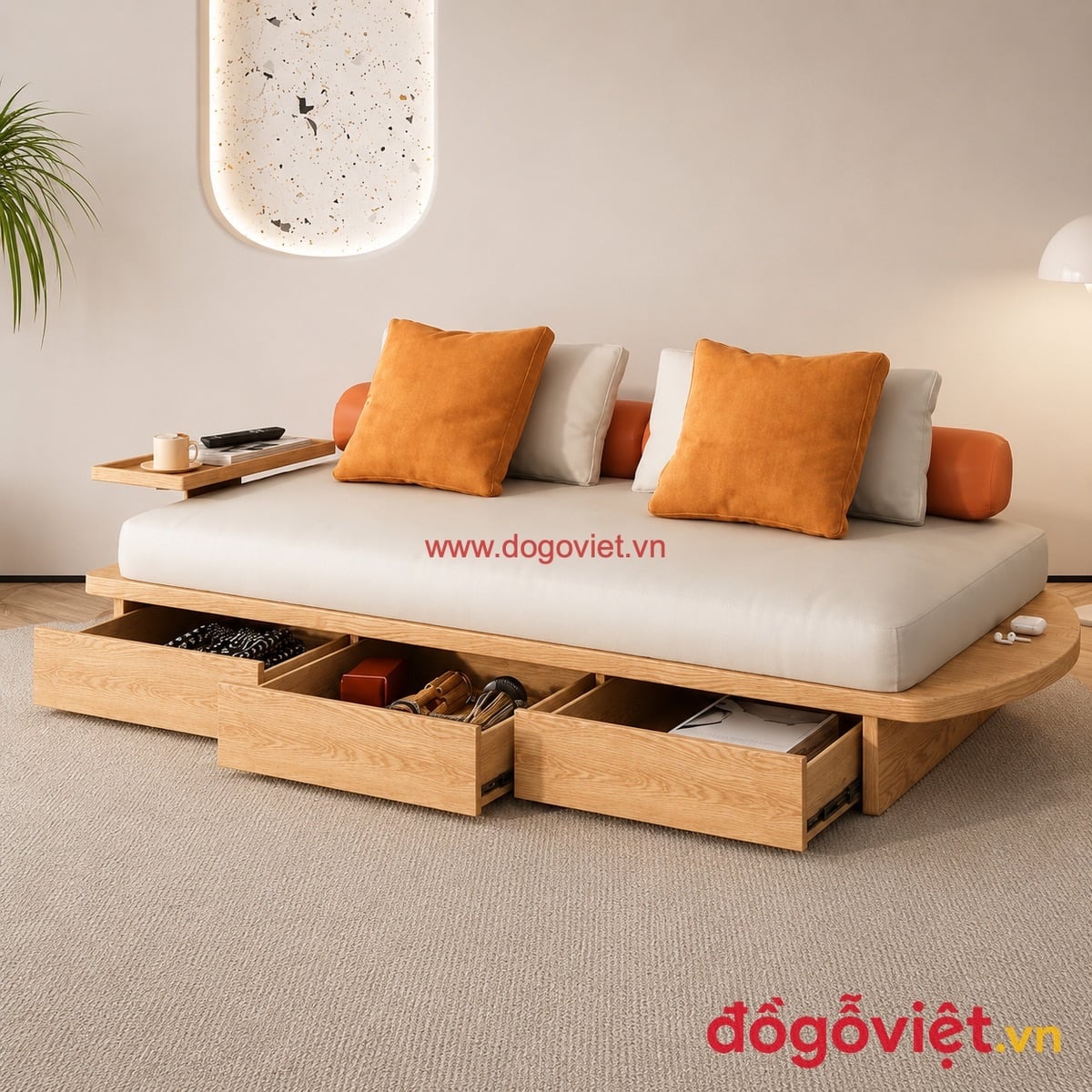 Sofa gỗ kết hợp đệm d&agrave;y th&aacute;o rời, c&oacute; hộc k&eacute;o đựng đồ tiện dụng