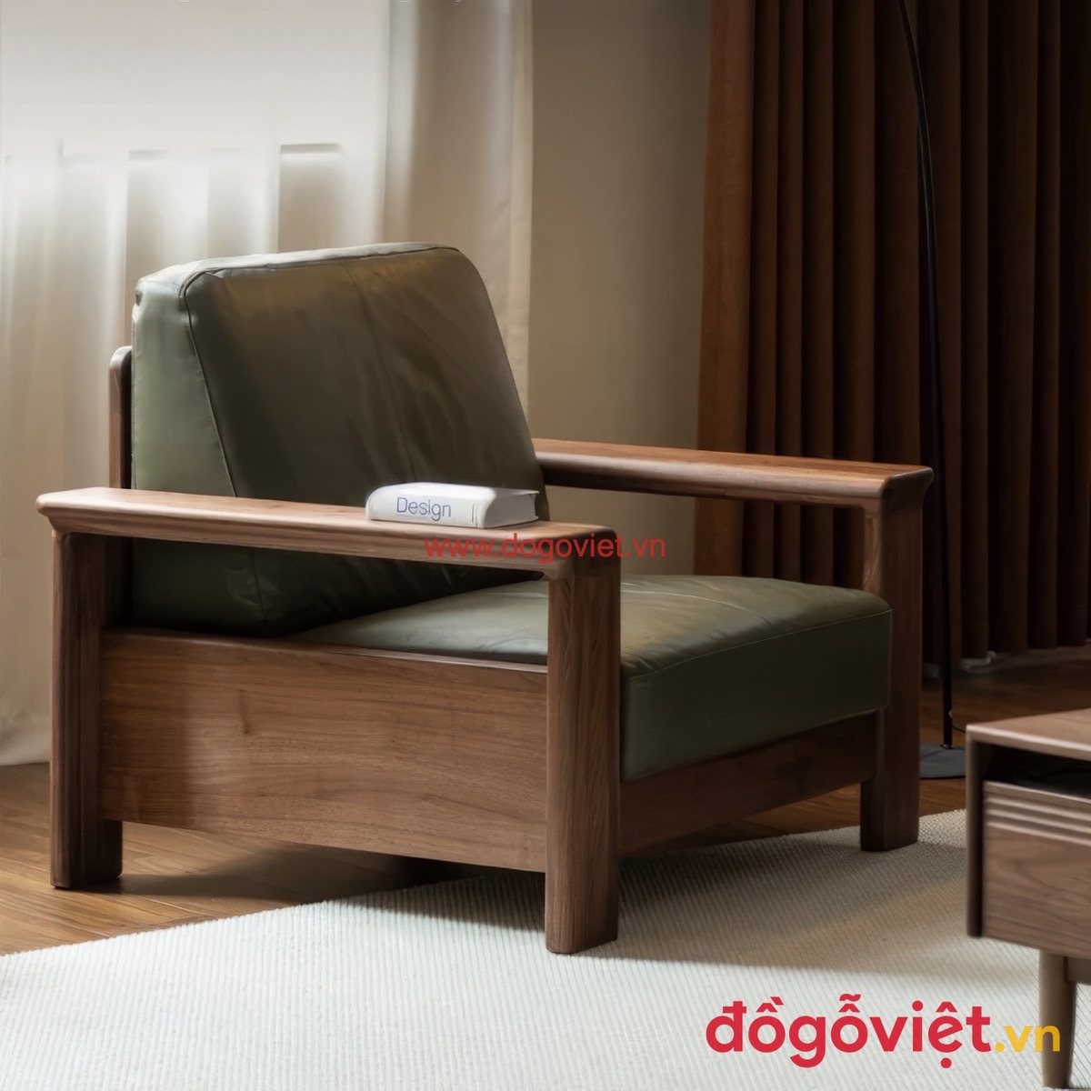 Ghế sofa đơn gỗ &oacute;c ch&oacute; bọc da xanh r&ecirc;u thiết kế tối giản