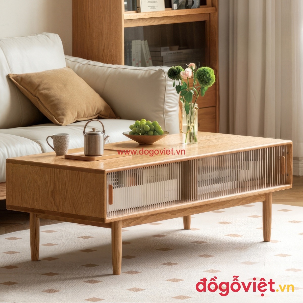 B&agrave;n tr&agrave; gỗ sồi tự nhi&ecirc;n cửa l&ugrave;a k&iacute;nh đi k&egrave;m bộ b&agrave;n ghế sofa