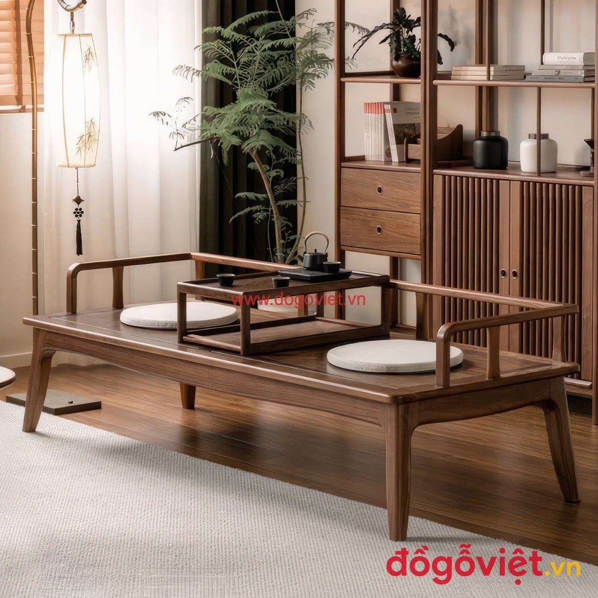 Ghế sofa gỗ &oacute;c ch&oacute; kiểu trường kỷ phong c&aacute;ch &Aacute; Đ&ocirc;ng k&egrave;m b&agrave;n tr&agrave;