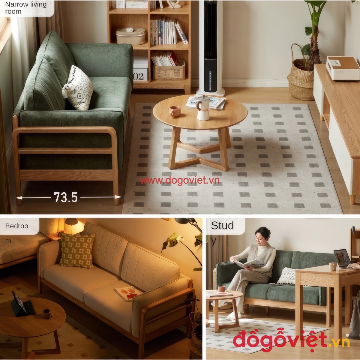 Ghế sofa đơn gỗ tự nhi&ecirc;n bố tr&iacute; trong ph&ograve;ng kh&aacute;ch nhỏ, ph&ograve;ng ngủ v&agrave; g&oacute;c l&agrave;m việc