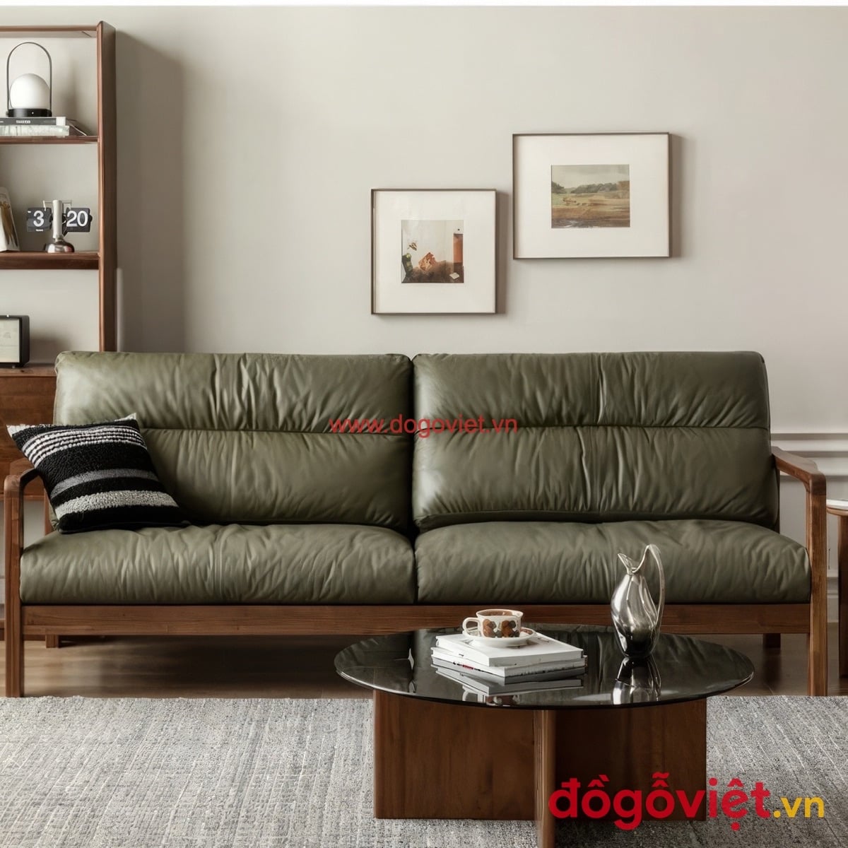 Ghế sofa băng khung gỗ &oacute;c ch&oacute; bọc da xanh r&ecirc;u kết hợp b&agrave;n tr&agrave; tr&ograve;n