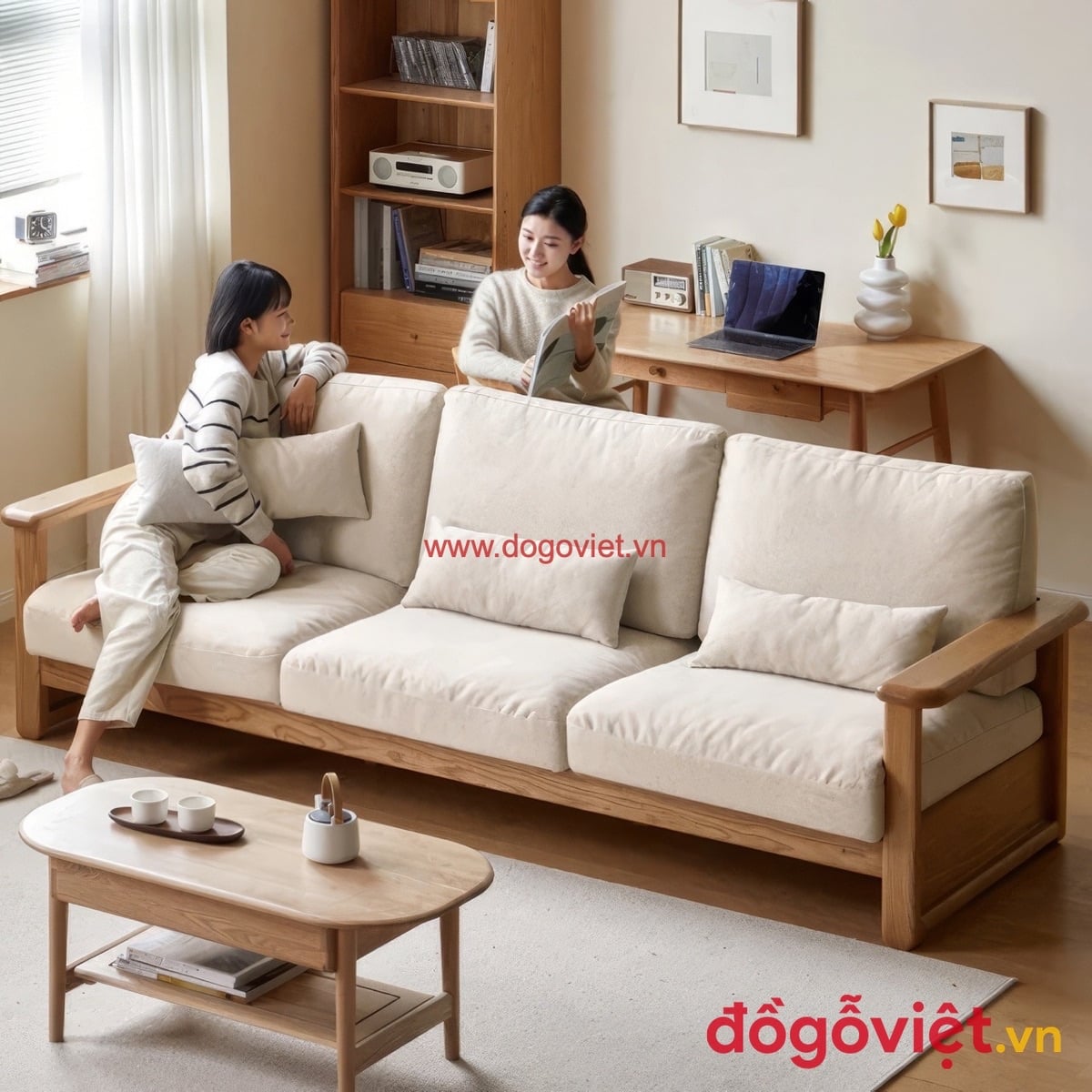Bộ b&agrave;n ghế sofa gỗ sồi tự nhi&ecirc;n bọc nệm nỉ trắng cho ph&ograve;ng kh&aacute;ch gia đ&igrave;nh