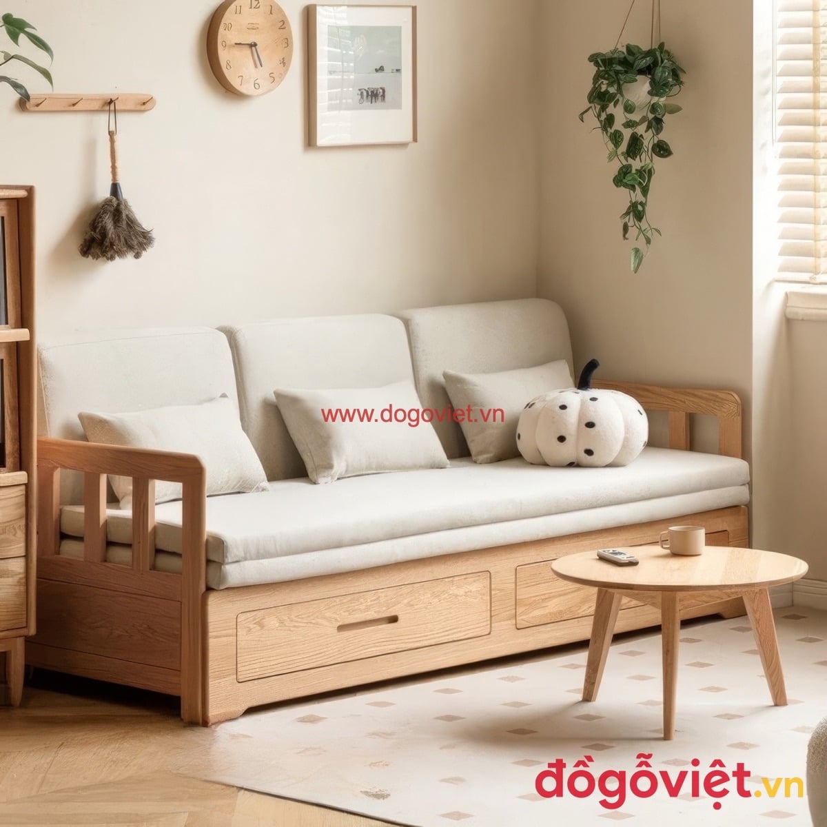 Sofa gỗ sồi tự nhi&ecirc;n bọc nệm trắng c&oacute; ngăn k&eacute;o dưới mặt ngồi