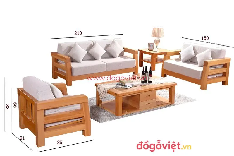 Sofa Gỗ Sồi Cao Cấp Kết Hợp Nệm Bọc Nỉ Tinh Tế Thiết Kế Chắc Chắn