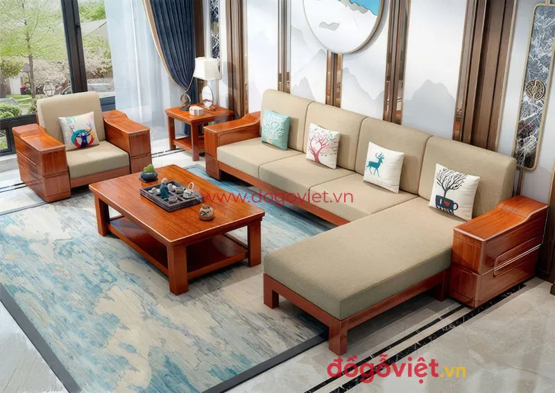 Sofa Gỗ Tân Cổ Điển Gỗ Sồi Tự Nhiên Chất Lượng Thiết Kế Kiểu Chữ U Đẹp