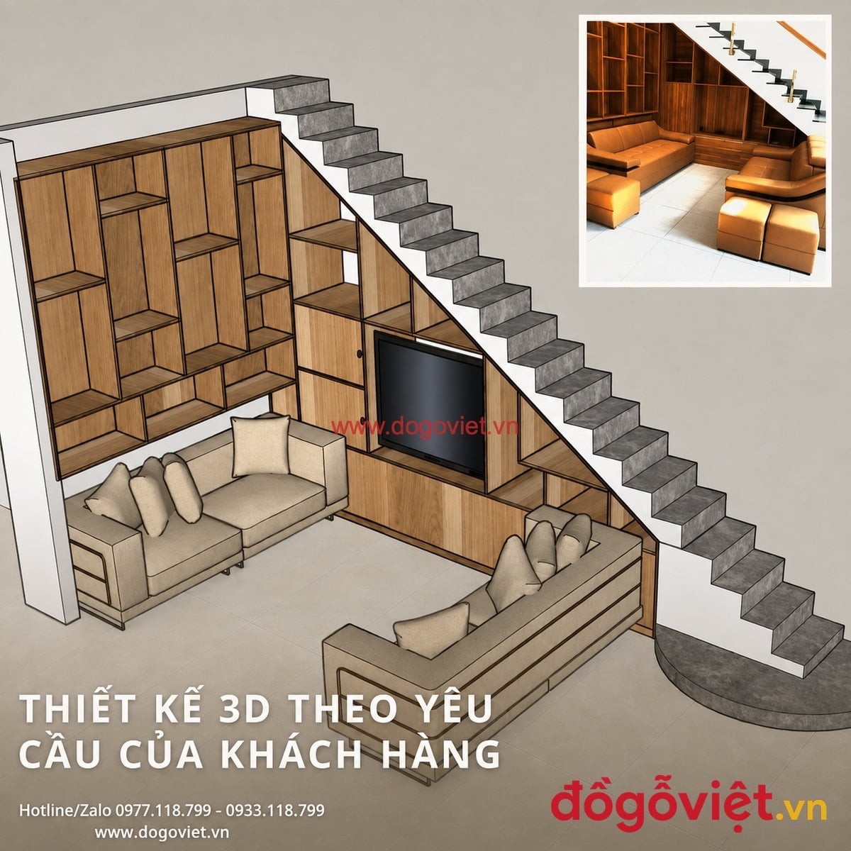 Bản vẽ thiết kế 3D tủ gầm cầu thang theo y&ecirc;u cầu kh&aacute;ch h&agrave;ng