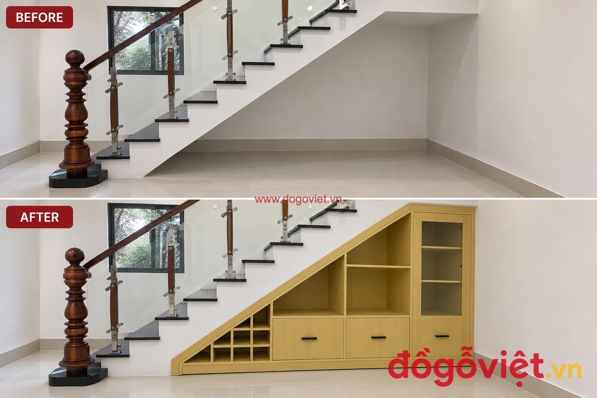 H&igrave;nh ảnh trước v&agrave; sau khi đ&oacute;ng tủ gầm cầu thang theo y&ecirc;u cầu