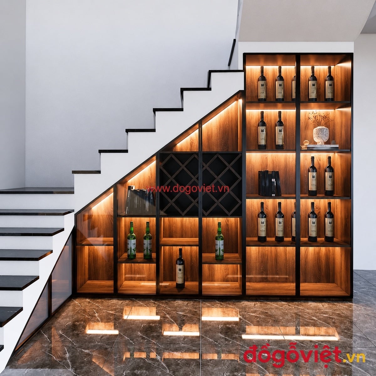 Tủ gầm cầu thang phủ Acrylic khung đen kết hợp đ&egrave;n LED