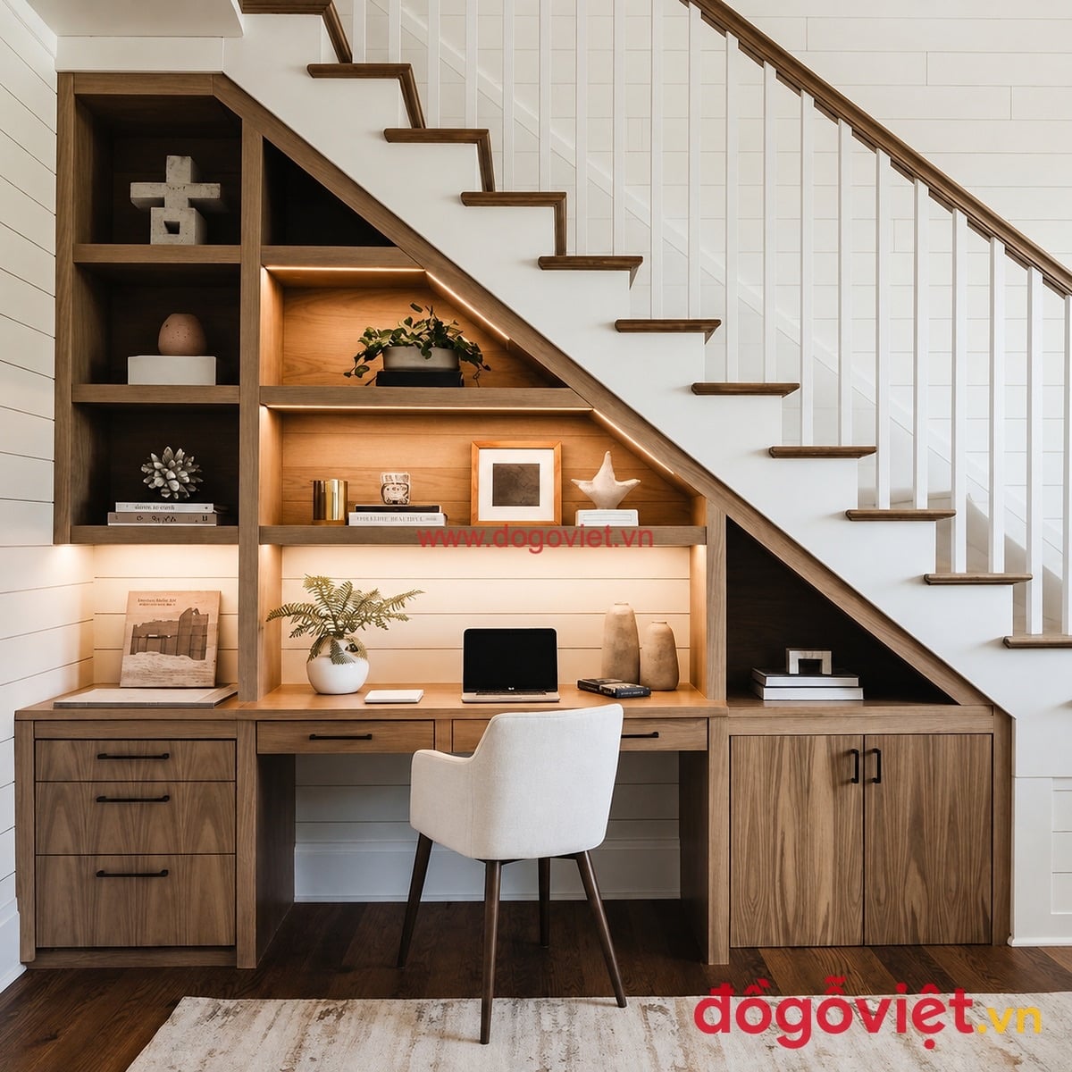 Tủ s&aacute;ch gầm cầu thang kết hợp b&agrave;n l&agrave;m việc v&agrave; đ&egrave;n LED trang tr&iacute;