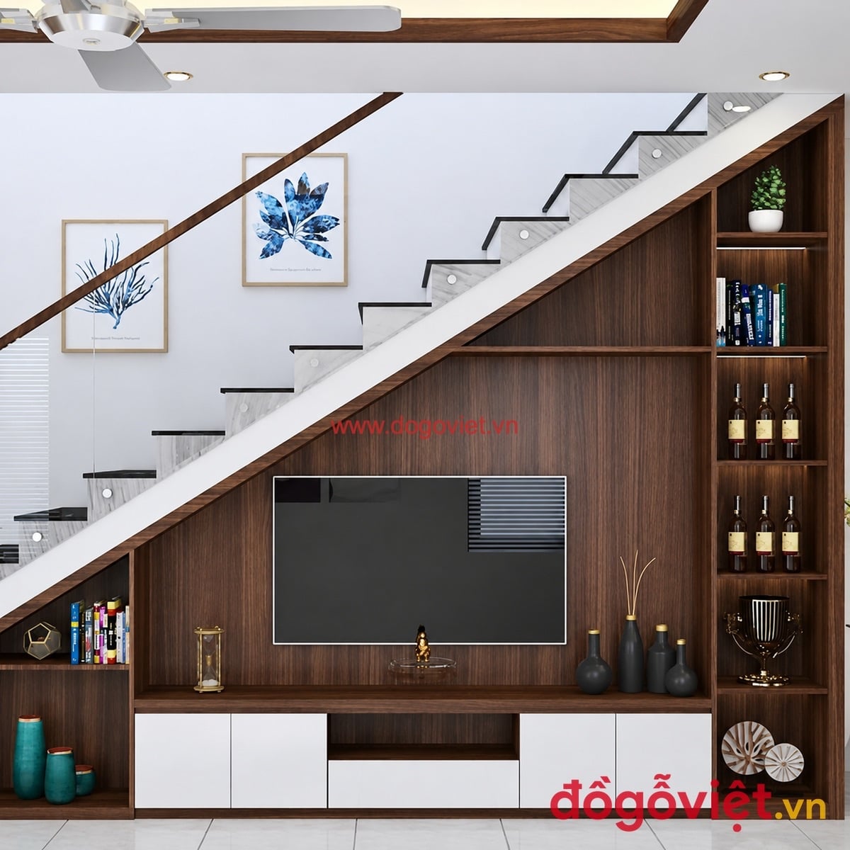 Tủ gầm cầu thang đa năng gồm kệ tivi, kệ s&aacute;ch v&agrave; kệ rượu