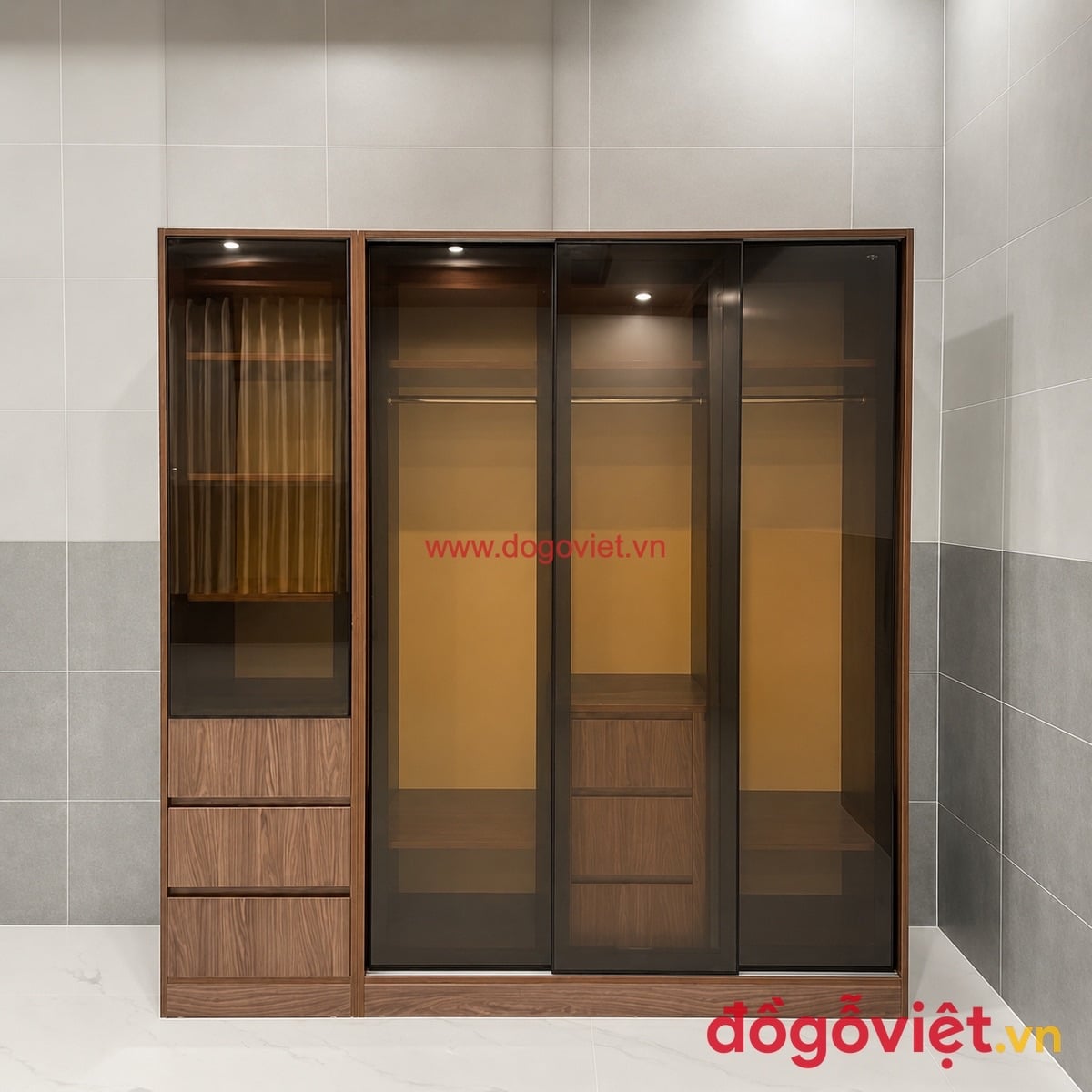 Tủ quần &aacute;o c&aacute;nh k&iacute;nh cửa l&ugrave;a khung gỗ &oacute;c ch&oacute; k&egrave;m ngăn k&eacute;o